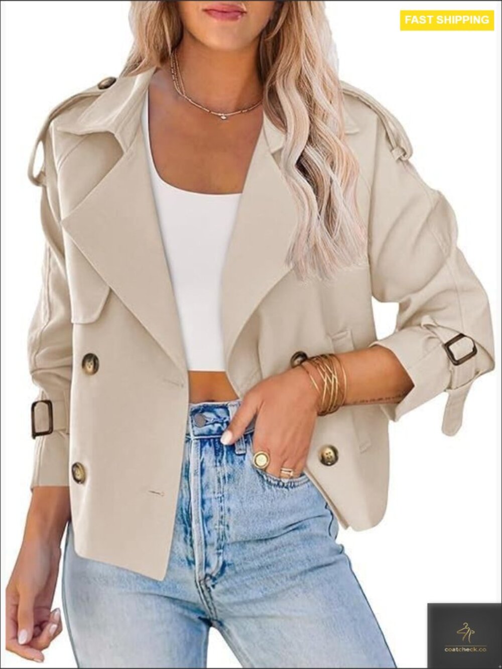 Cropped Trench Coat Double-Breasted Classic Chic Fall Jacket Long Sleeve